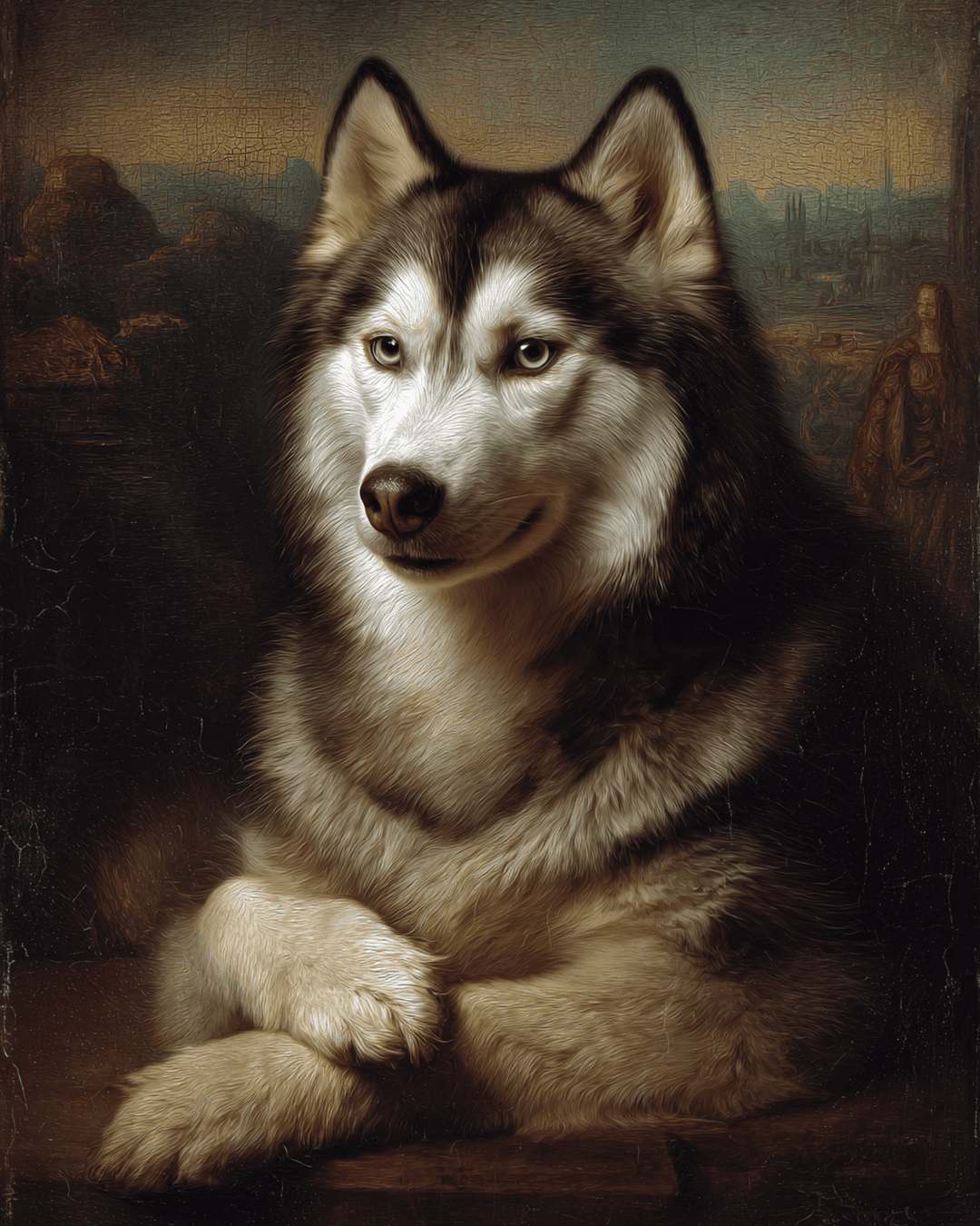 Husky w renesansowej pozie Mony Lisy, z łapami splecionymi jak na słynnym obrazie — psi portret pełen elegancji i tajemnicy.