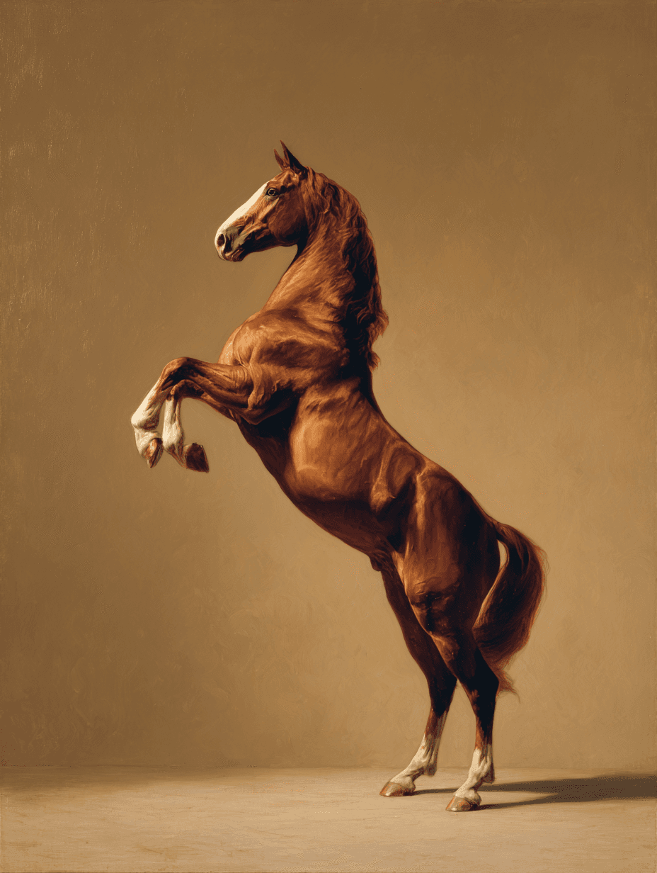 Kasztanowy koń stający dęba na jednolitym tle, w dynamicznej pozie znanej z obrazu „Whistlejacket”.