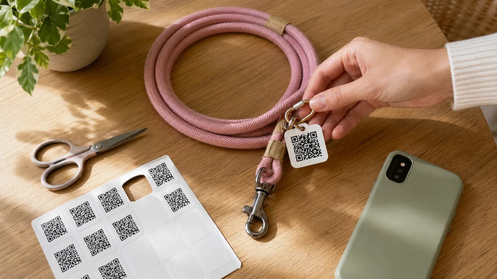 Mały kundelek z kolorową obrożą i przyczepionym kodem QR siedzi w parku, w tle dziecko skanuje kod telefonem — moment, w którym pupil wraca do domu.